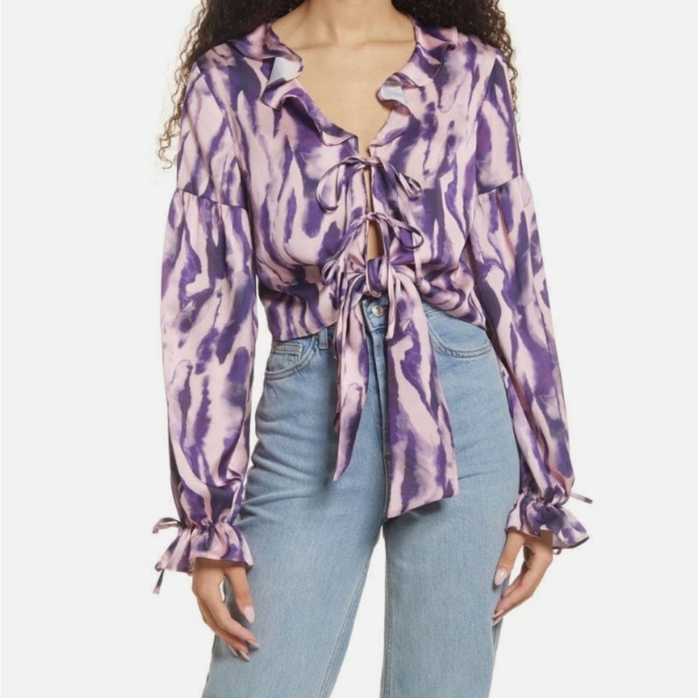 Topshop Tie Dye Tie Front Blouse Ruffle Front Balloon Sleeve Pink Purple